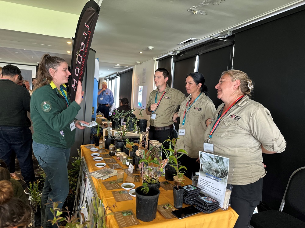 A woman in a green jumper speaking to three First Nations business representatives, standing to the right of frame behind a table upon which sits a range of plant and seed products.