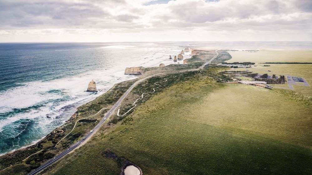 Aerial impression of the new centre with the coast line visible in the background