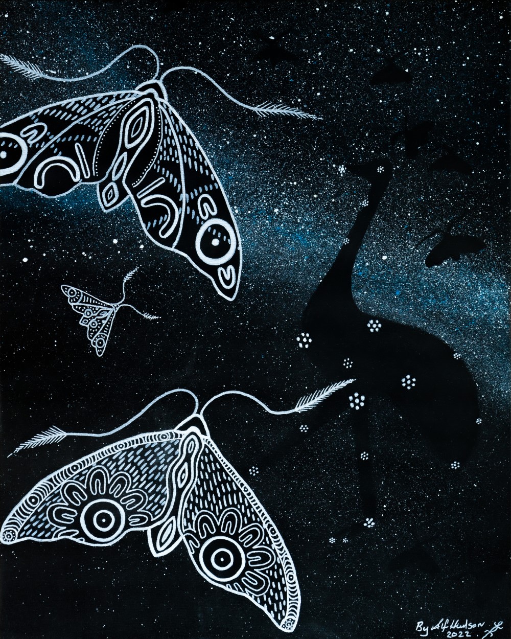 Painted artwork depicting the dark blue night sky with stars and large, patterned, Bogong moths