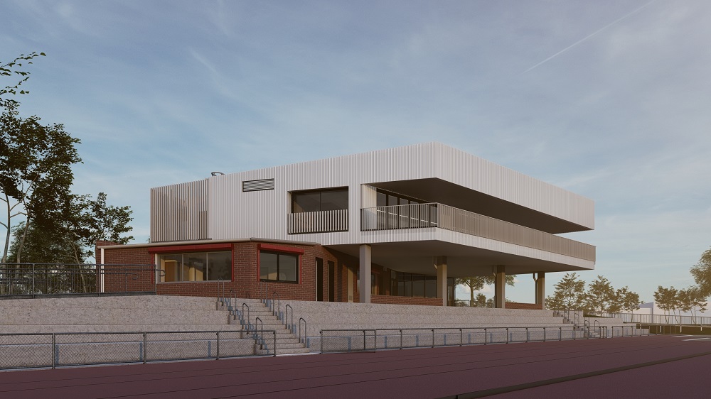 Design render for the Landy Field Pavilion, which shows a white and brown two-story pavilion, with seating and railing visible in front of the building, leading down to a red athletics track.